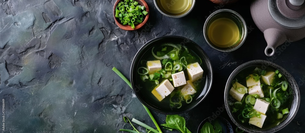 Aufkleber miso traditional japanese soup with tofu and spring onion with green tea in pot and bowls top view. 