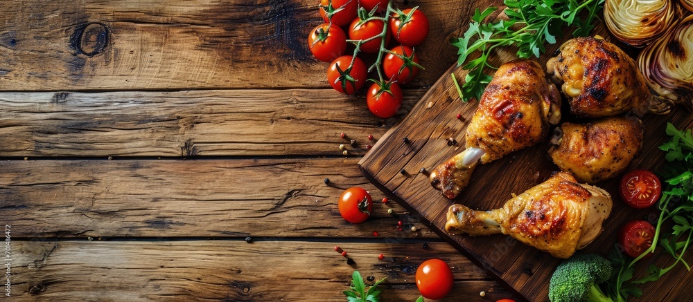 Poster Roasted chicken drumsticks with cabbage and tomatoes high angle view on rustic wooden table. Creative Banner. Copyspace image