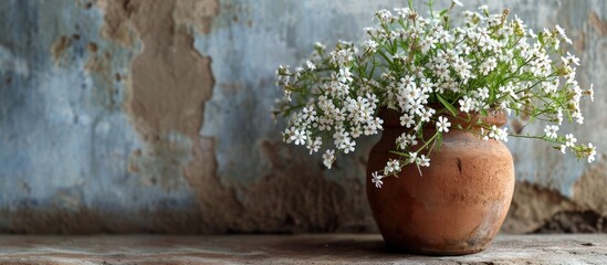 white tiny flowers in a clay flowerpot on the wall. Creative Banner. Copyspace image