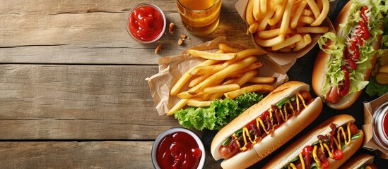 Traditional hot dogs french fries drink and sauces Restaurant menu. Creative Banner. Copyspace image - obrazy, fototapety, plakaty