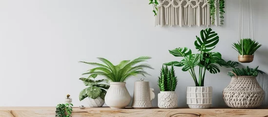 Rolgordijnen Stylish and minimalistic boho interior with crafted and handmade macrame shelf planter hanger for indoor plants design furnitures elegant accessories Botany home decor of living room with plant © HN Works