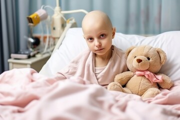 Little girls without hair with cancer in hospital bed