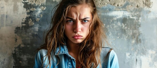 young adult pretty woman feeling disgusted and nauseous backing away from something nasty smelly or stinky saying yuck. Creative Banner. Copyspace image
