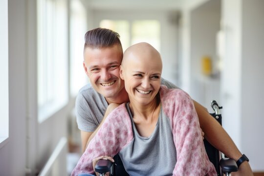 woman with cancer with her husband in hospital on wheelchair