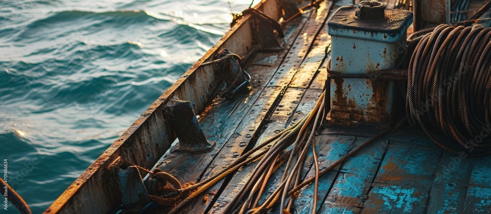 Sticker Top view of wire rods in coils stowage into cargo hold of the vessel Discharging steel wire rod from cargo hold of the vessel. Creative Banner. Copyspace image