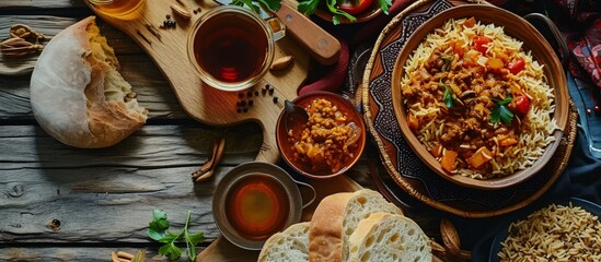 Uzbek national food pilaf with bread tea salad on adras. Creative Banner. Copyspace image