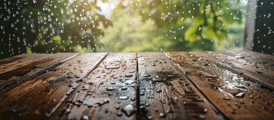 Wood table top on rain drops on clear window can be used for display or montage your products. Creative Banner. Copyspace image