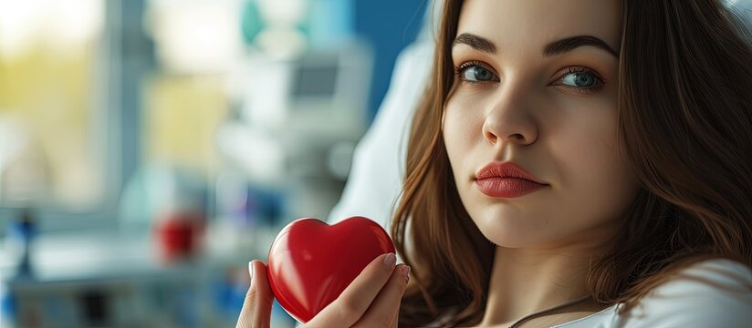 Young woman making blood donation in hospital A woman donates blood while holding a red heart Blood donation. Creative Banner. Copyspace image