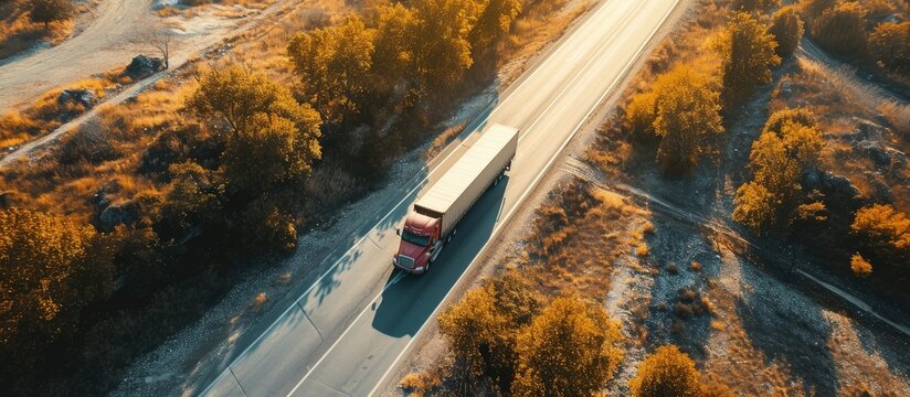 Semi truck on the road from above drone photography. Creative Banner. Copyspace image
