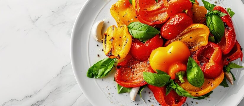 Vegetables salad on white plate Red and yellow sweet peppers grilled with garlic and basil Mediterranean cuisine. Creative Banner. Copyspace image