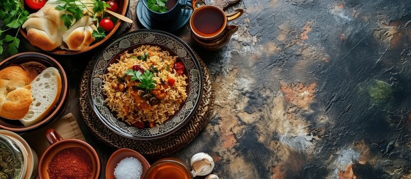 Uzbek national food pilaf with bread tea salad on adras. Creative Banner. Copyspace image