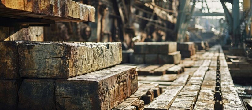 Stowage of steel billets inside of ship s cargo hold. Creative Banner. Copyspace image