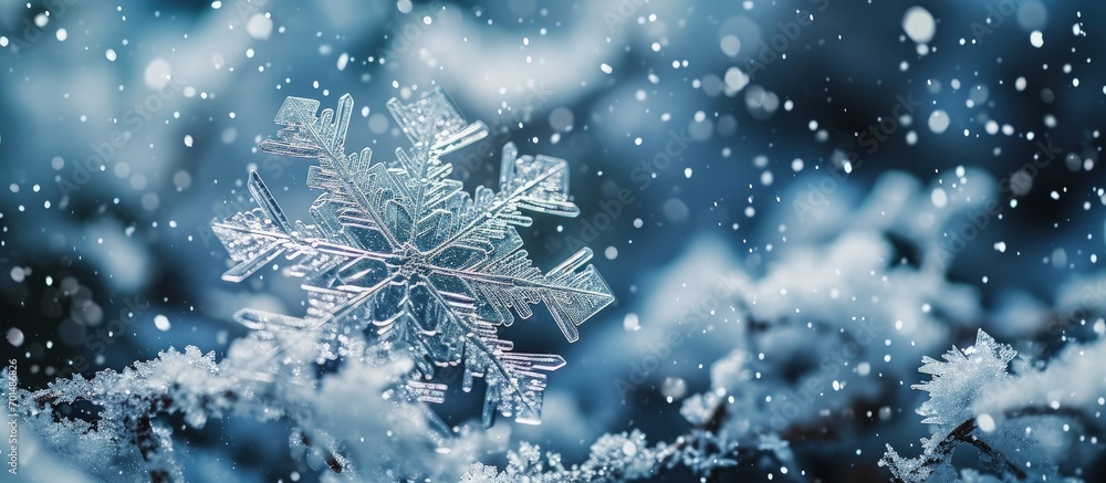 Poster photo real snowflakes during a snowfall under natural conditions at low temperature. creative banner