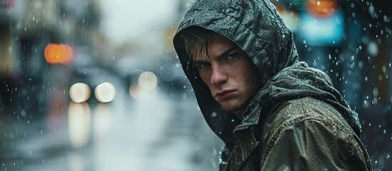 Portrait of a young wet man in a jacket with a hood in the rain on blurred background city street in tsunami close up Bad weather pessimism concept cold autumn unhappy irony people in raincoat - obrazy, fototapety, plakaty