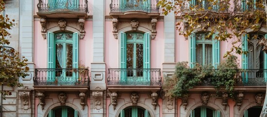 The pastel colored facade of a building in Barcelona adds a touch of charm and elegance to the city s architectural landscape. Creative Banner. Copyspace image