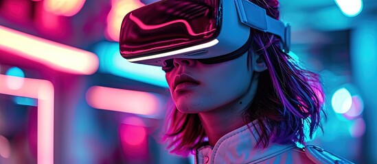 Young futuristic female in VR goggles interacting with virtual reality against blue background in neon light. Creative Banner. Copyspace image