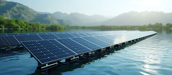 The Floating of Solar panel designed to absorb the sun s rays as a source of energy in aquaculture pond on farmr. Creative Banner. Copyspace image