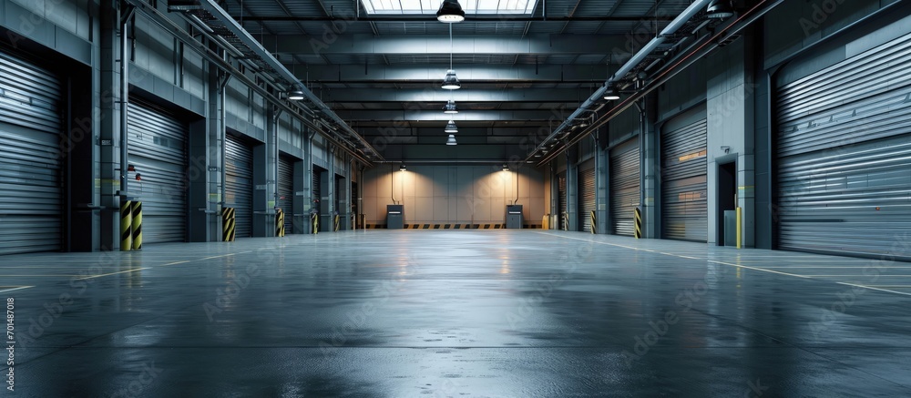 Poster row of loading docks with shutter doors at a warehouse. creative banner. copyspace image
