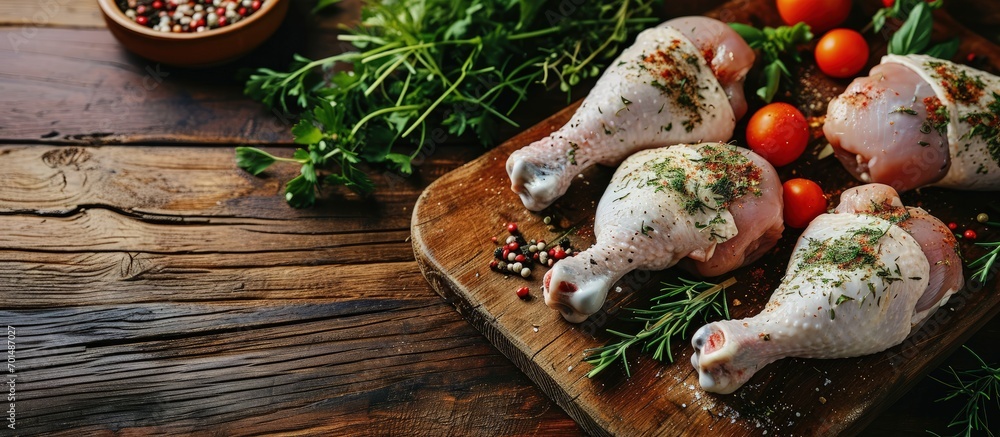 Poster raw chicken legs with vegetables and spices on the chopping board. creative banner. copyspace image