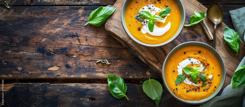 Poster pumpkin soup with cream spices and basil in two serving bowls on a natural wooden background autumn 