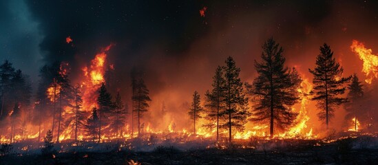 The huge wildfire burning forest trees in the meadow at night. Creative Banner. Copyspace image