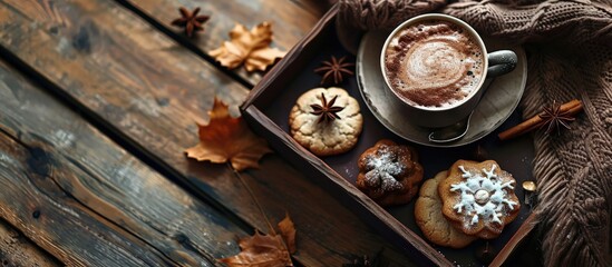 top view tray with plate cookies cup hot cocoa. Creative Banner. Copyspace image