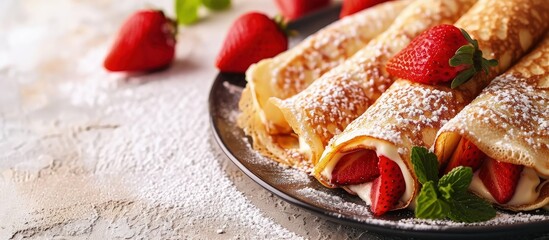 Rolled pancakes with powdered sugar and strawberry. Creative Banner. Copyspace image - obrazy, fototapety, plakaty