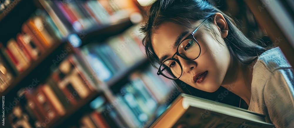Poster woman stands in library looking for a book asian woman in eyeglasses searching information for a pro