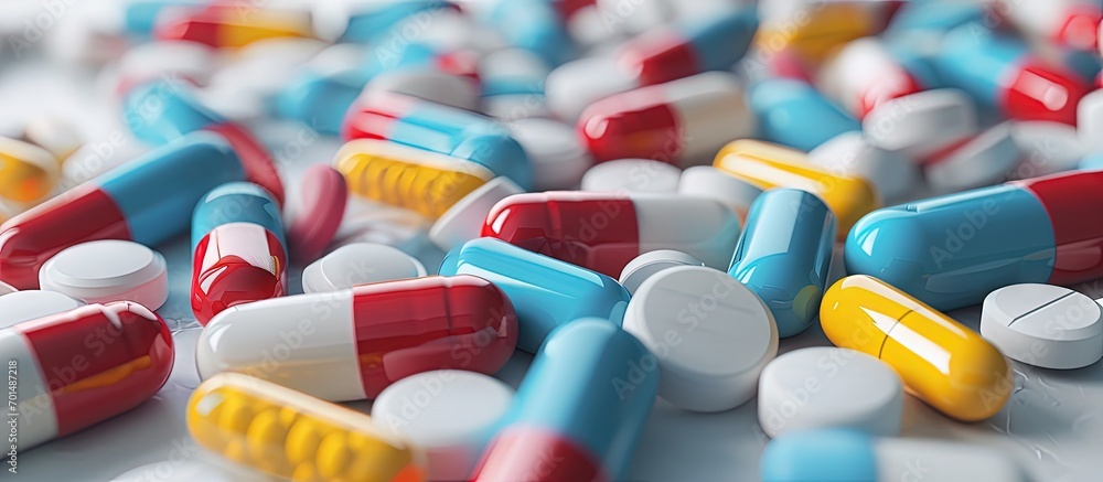 Poster the healthcare system a opened bottle of pale colored pills resting on a white background. creative 