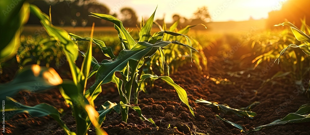 Poster rows of young corn plants on a fertile field with dark soil green corn field in the sunset green cor
