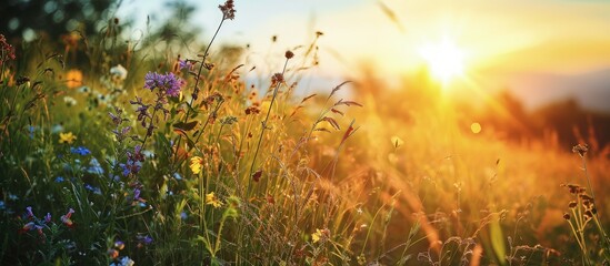 World environment day concept Calm of country meadow sunrise landscape background. Creative Banner. Copyspace image