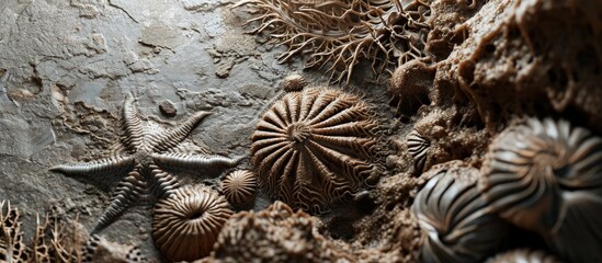 Preserved fossil of Palaeozoic marine crinoids. Creative Banner. Copyspace image