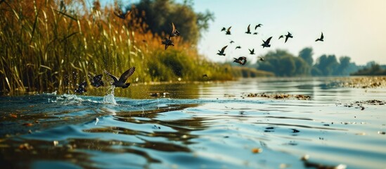 Photo of birds perched on the calm waters of the Danube Delta reservation Wild birds fly Danube Delta. Creative Banner. Copyspace image