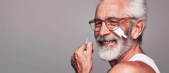 Portrait of senior man smiling after getting vaccine Mature man showing his arm with bandage after receiving vaccination. Creative Banner. Copyspace image