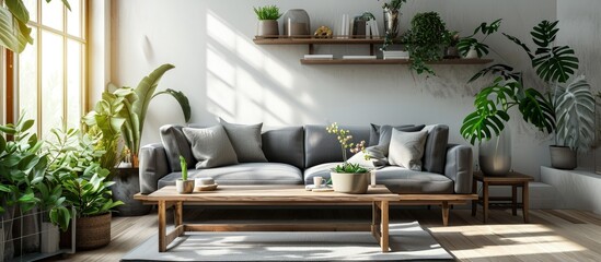 Scandinavian living room interior with design grey sofa wooden coffee table plants shelf spring flowers in vase decoration and elegant personal accessories at home decor. Creative Banner