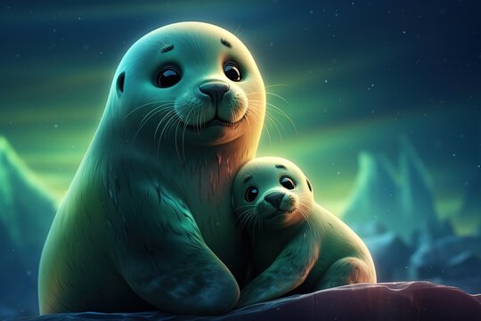3d cartoon of cute mother seal and baby seal hugging and looking at the aurora