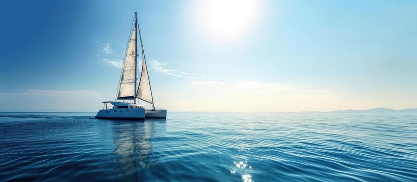 Yacht catamaran sailing on the sea with clear blue sky. Creative Banner. Copyspace image