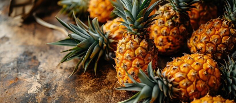 Young pineapple plant with fruit harvest. Creative Banner. Copyspace image