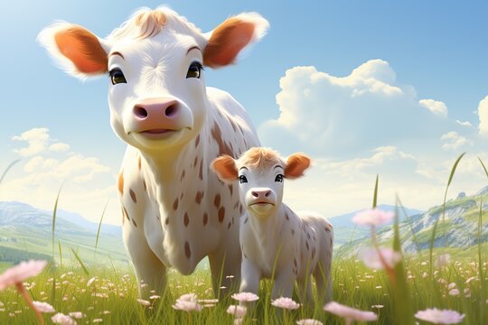 3d cartoon cute cow mother with baby calf on a pasture in the mountains