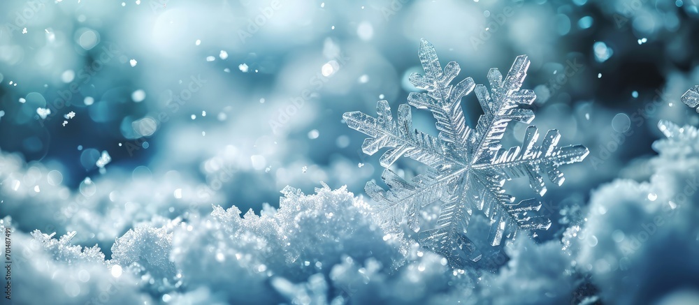 Poster photo real snowflakes during a snowfall under natural conditions at low temperature. creative banner