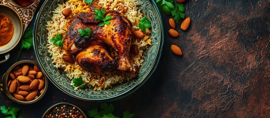 The national Saudi Arabian dish chicken kabsa with roasted chicken quarter and almonds. Creative Banner. Copyspace image - obrazy, fototapety, plakaty