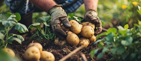 Organic potato harvest in garden Farmer hands in gloves with freshly harvested potato. Creative Banner. Copyspace image - obrazy, fototapety, plakaty