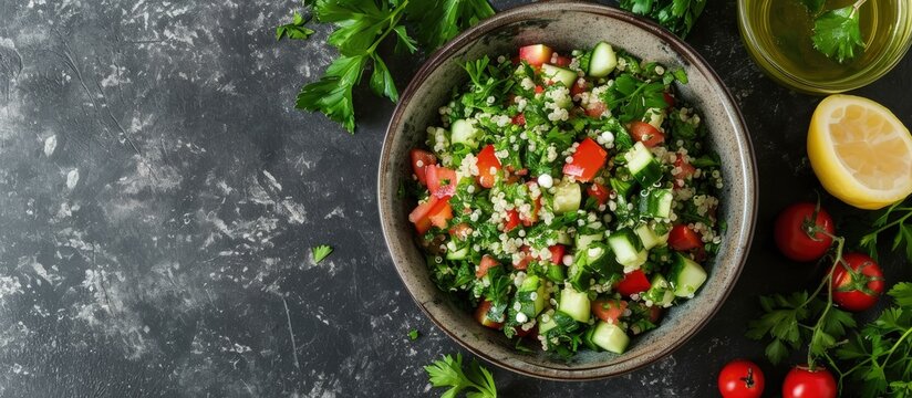 Tabbouleh salad traditional Middle Eastern or Arabic cuisine Levantine vegetarian salad with bulgur quinoa tomato cucumber parsley and lemon juice Tabbouleh with bulgur closeup. Creative Banner