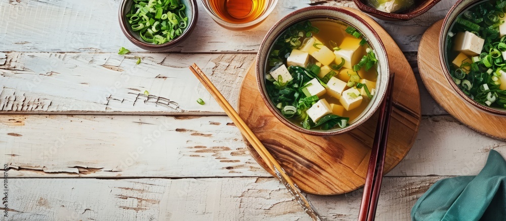 Poster miso traditional japanese soup with tofu and spring onion with green tea in pot and bowls top view. 