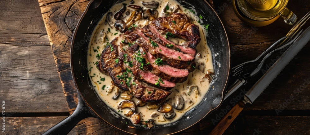 Aufkleber traditional barbecue dry aged angus roast beef steak natural with mushrooms and onions in cream sauc