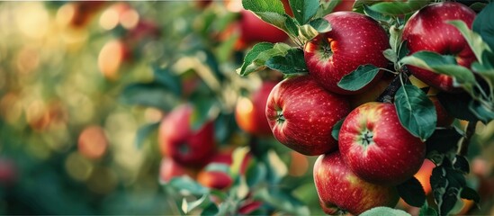 Red apples hanging on the tree and ready for picking. Creative Banner. Copyspace image - obrazy, fototapety, plakaty
