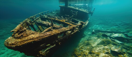 Old shipwreck in the Alger Underwater Preserve in Lake Superior. Creative Banner. Copyspace image