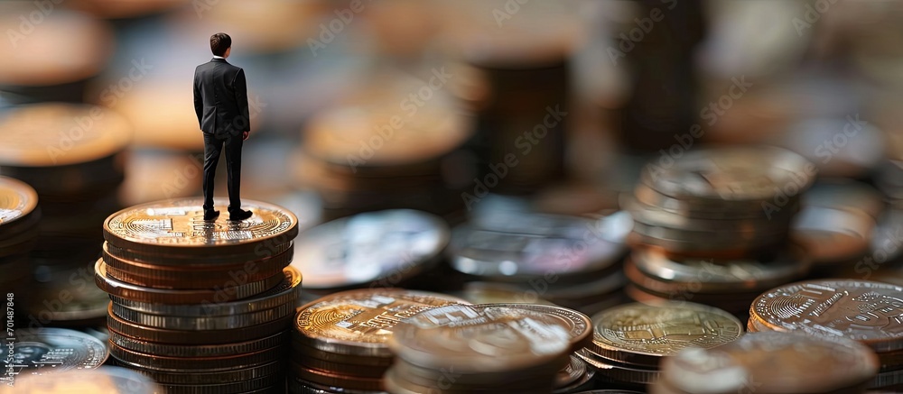 Aufkleber the enterprising businessman standing atop a pile of coins looking forward with unwavering determina