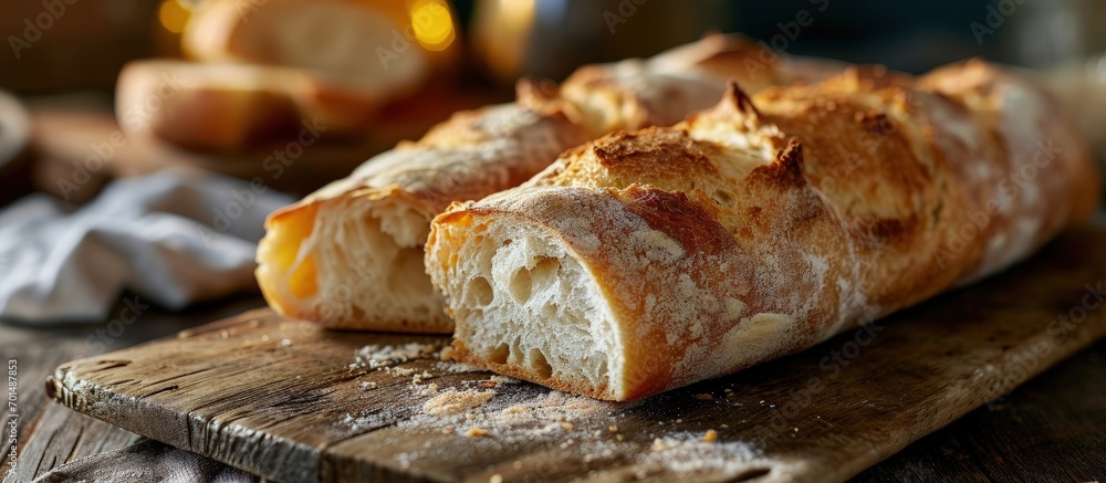 Poster Stack of a ciabatta bread or bun on a wooden board Freshly baked traditional bread Shallow depth of field. Creative Banner. Copyspace image