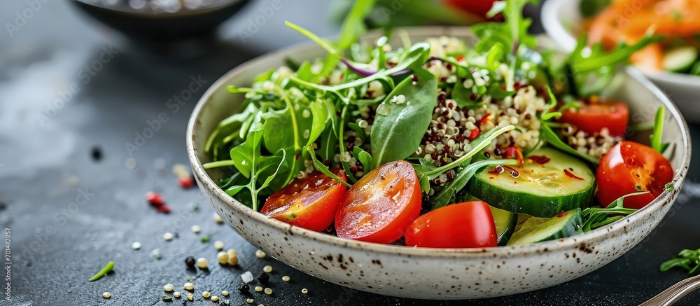 Poster quinoa salad with fresh tomatoes cucumbers and salad leaves. creative banner. copyspace image